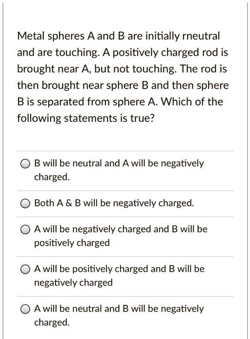 Metal spheres A and B are initially neutral and are touching. A
