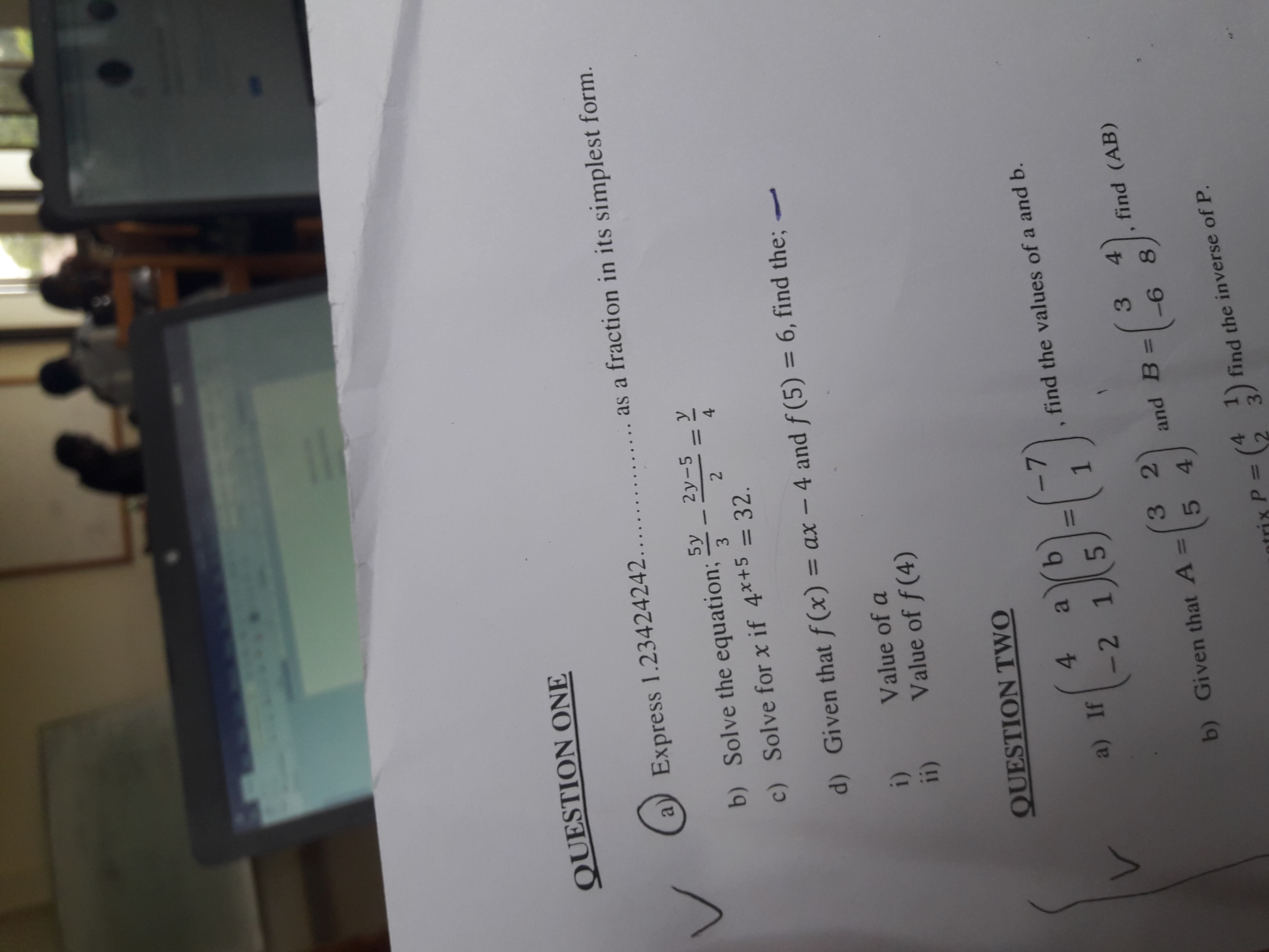 SOLVED: QUESTION ONE (a.) Express 1.23424242 ………… .. as a fraction in its simplest  form. b) Solve the equation; (5 y)/(3)-(2 y-5)/(2)=(y)/(4) c) Solve for x  if 4^x+5=32. d) Given that f(x)=a