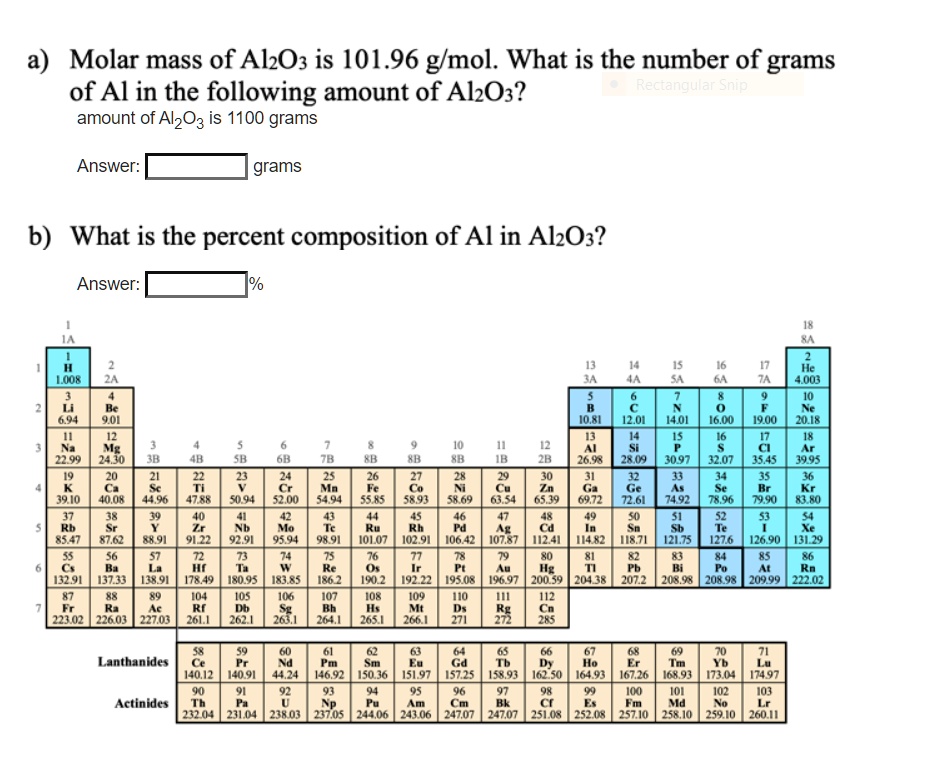 a molar mass of al2o3 is 10196 gmol what is the number of grams of al ...