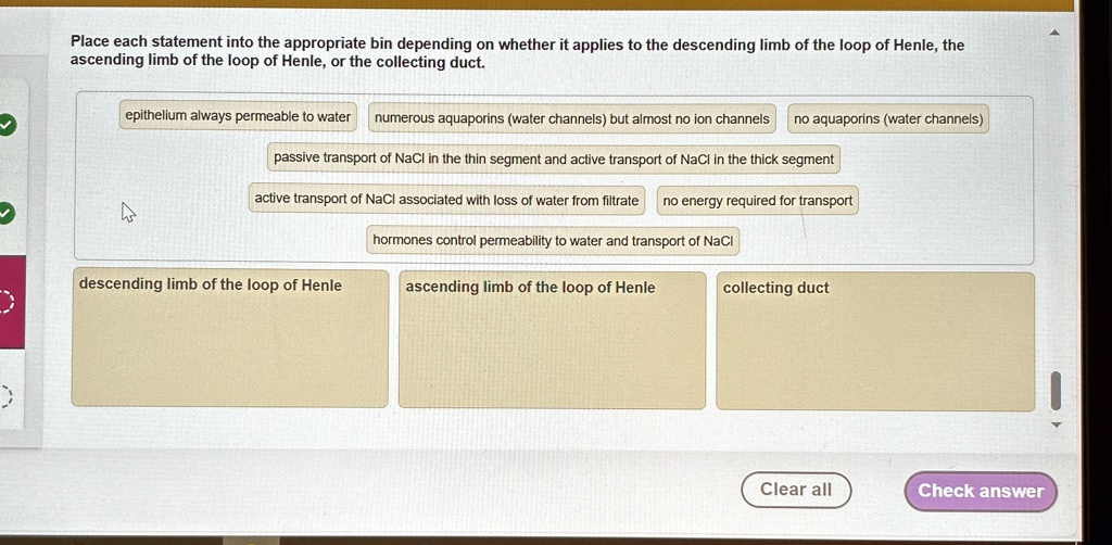 Place each statement into the appropriate bin depending on whether it applies to the descending limb of the loop of Henle, the
ascending limb of the loop of Henle, or the collecting duct.
epithelium always permeable to water
numerous aquaporins (water channels) but almost no ion channels no aquaporins (water channels)
passive transport of NaCl in the thin segment and active transport of NaCl in the thick segment
active transport of NaCl associated with loss of water from filtrate no energy required for transport
hormones control permeability to water and transport of NaCl
descending limb of the loop of Henle
ascending limb of the loop of Henle
collecting duct
Clear all
Check answer