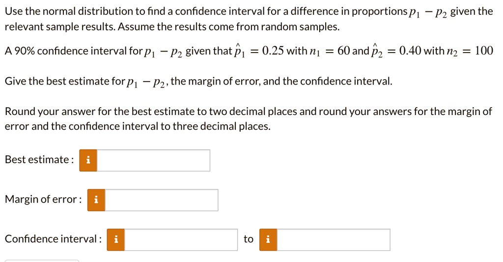 Use the normal distribution to find a confidence interval for a difference in proportions p1 - p2 given the relevant sample results. Assume the results come from random samples. A 90% confidence interval for p1 - p2 given that p?1 = 0.25 with n1 = 60 and p?2 = 0.40 with n2 = 100. Give the best estimate for p1 - p2, the margin of error, and the confidence interval. Round your answer for the best estimate to two decimal places and round your answers for the margin of error and the confidence interval to three decimal places. Best estimate : Margin of error : Confidence interval : to