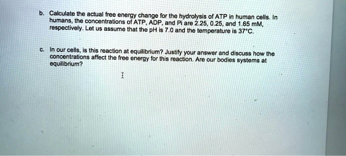 b. Calculate the actual free energy change for the hydrolysis of ATP in human cells. In humans, the concentrations of ATP, ADP, and Pi are 2.25, 0.25, and 1.65 mM, respectively. Let us assume that the pH is 7.0 and the temperature is 37°C.

c. In our cells, is this reaction at equilibrium? Justify your answer and discuss how the concentrations affect the free energy for this reaction. Are our bodies systems at equilibrium?