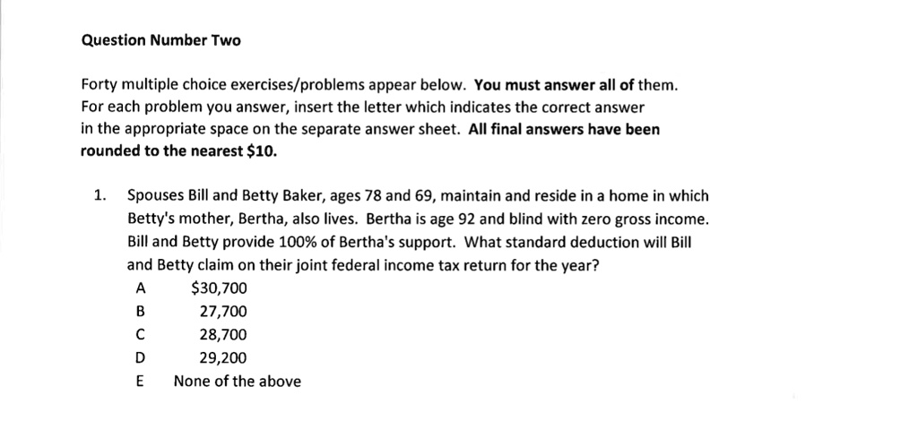 question number two forty multiple choice exercisesproblems appear below you must answer all of them for each problem you answer insert the letter which indicates the correct answer in the a 51652