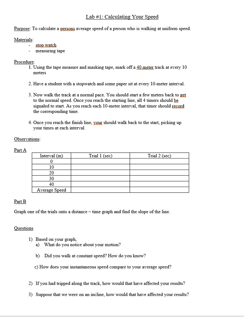 SOLVED Lab 1Calculating Your Speed Purpose To calculate a persons