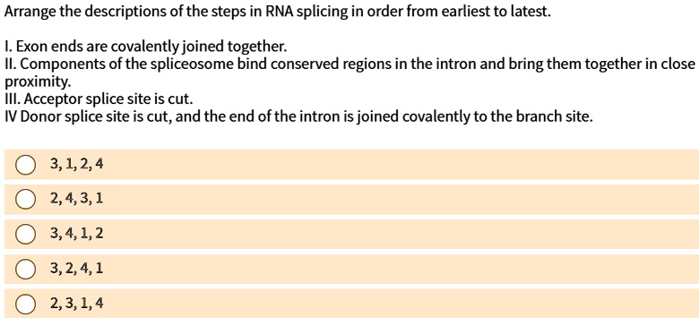 SOLVED: Arrange the descriptions of the steps in RNA splicing in order ...