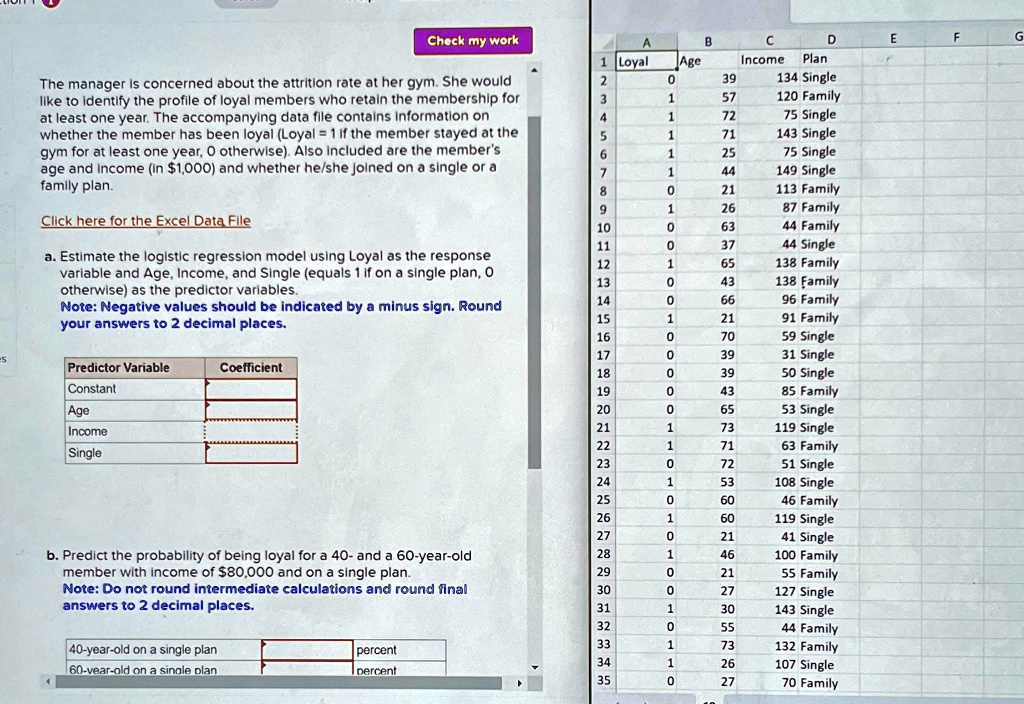 part c predict the corresponding probabilities for a member on a family plan 40 year old 60 year old check my work a b c d loyal age income plan 2 0 39 134 single 57 120 family 1 72 75 singl 88515