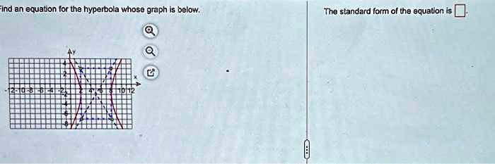 Find an equation for the hyperbola whose graph is below.
The standard form of the equation is