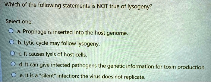 Which of the following statements is NOT true of lysogeny?

Select one:
a. Prophage is inserted into the host genome.
b. Lytic cycle may follow lysogeny.
c. It causes lysis of host cells.
d. It can give infected pathogens the genetic information for toxin production.
e. It is a "silent" infection; the virus does not replicate.