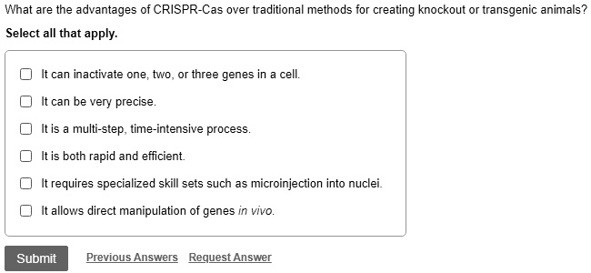 What are the advantages of CRISPR-Cas over traditional methods for creating knockout or transgenic animals?
Select all that apply.
It can inactivate one, two, or three genes in a cell.
It can be very precise.
It is a multi-step, time-intensive process.
It is both rapid and efficient.
It requires specialized skill sets such as microinjection into nuclei.
It allows direct manipulation of genes in vivo.