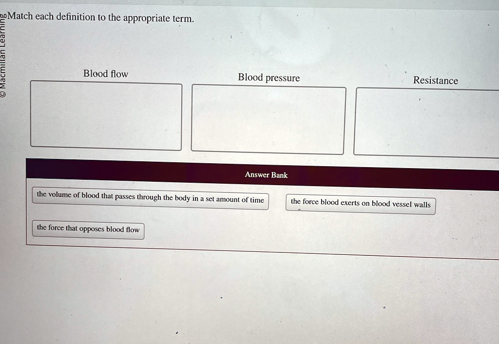 macmillan learning match each definition to the appropriate term blood flow blood pressure resistance answer bank the volume of blood that passes through the body in a set amount of time the 62533