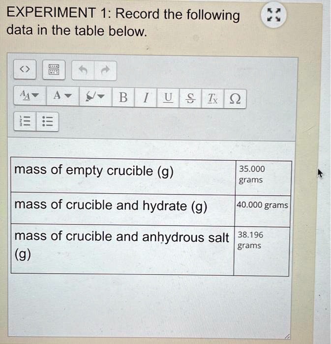 experiment 1 record the following masses