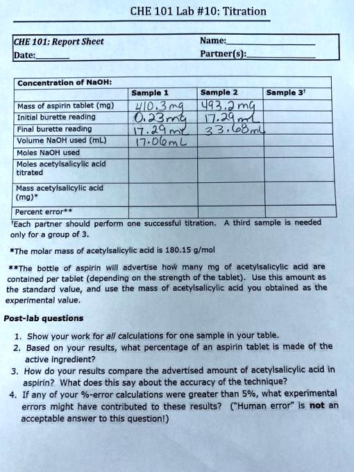 SOLVED: CHE 101 Lab #10: Titration CHE 101: Report Sheet Date: Name ...