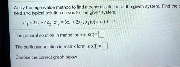 Apply the eigenvalue method to find a general solution of the given system. Find the field and typical solution curves for the given system.
x'1 = 3x1 + 4x2, x'2 = 3x1 + 2x2, x1(0) = x2(0) = 1
The general solution in matrix form is x(t) = 
The particular solution in matrix form is x(t) = 
Choose the correct graph below.