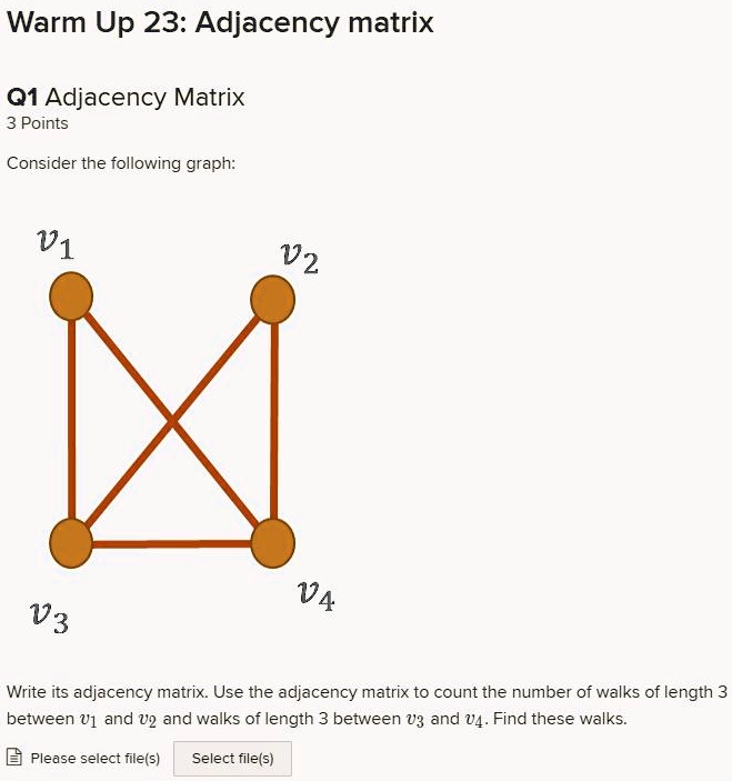 SOLVED:Warm Up 23: Adjacency matrix 01 Adjacency Matrix 3 Points ...