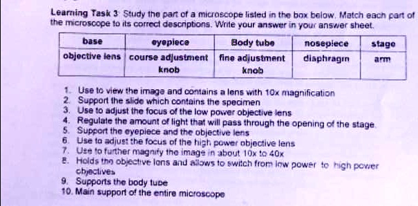 Learning Task 3 Study the part of a microscope listed in the box below ...