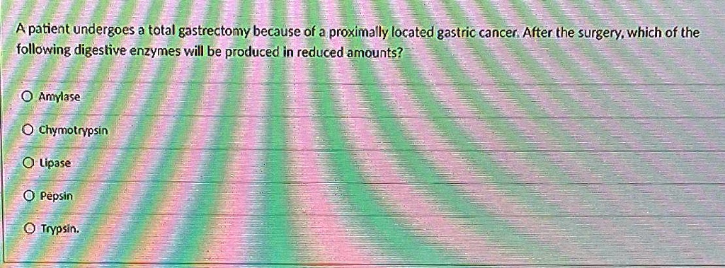 A patient undergoes a total gastrectomy because of a proximally located gastric cancer. After the surgery, which of the
following digestive enzymes will be produced in reduced amounts?
O Amylase
O Chymotrypsin
O Lipase
O Pepsin
O Trypsin.