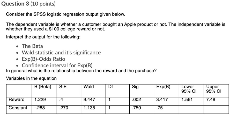 SOLVED: Question 3 (10 points) Consider the SPSS logistic regression ...