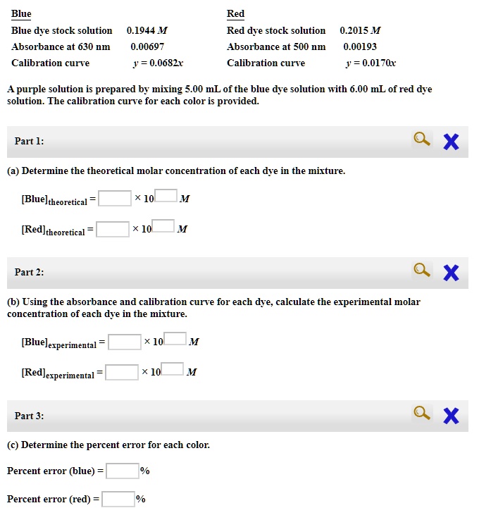 A purple solution is prepared by mixing 5.00 mL of the blue dye