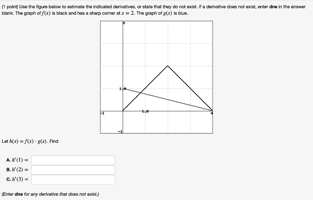 (1 point) Use the figure below to estimate the indicated derivatives, or state that they do not exist. If a derivative does not exist, enter dne in the answer blank. The graph of f(x) is black and has a sharp corner at x = 2. The graph of g(x) is blue.
Let h(x) = f(x) * g(x). Find
A. h'(1) =
B. h'(2) =
C. h'(3) =
(Enter dne for any derivative that does not exist.)