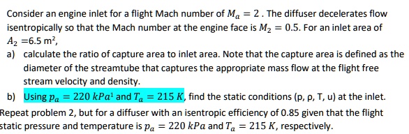 consider an engine inlet for flight mach number of ma 2 the diffuser ...