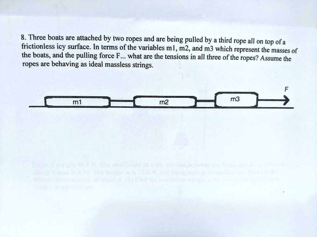 8. Three boats are attached by two ropes and are being pulled by a third rope all on top of a frictionless icy surface. In terms of the variables m1, m2, and m3 which represent the masses of the boats, and the pulling force F... what are the tensions in all three of the ropes? Assume the ropes are behaving as ideal massless strings.