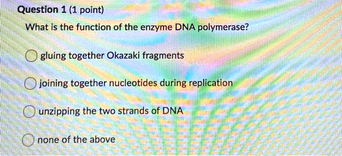 Question 1 (1 point)
What is the function of the enzyme DNA polymerase?
gluing together Okazaki fragments
joining together nucleotides during replication
unzipping the two strands of DNA
none of the above