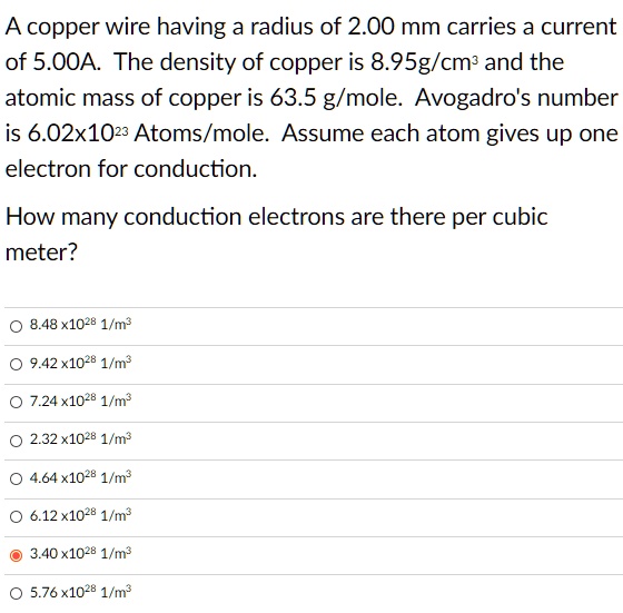 SOLVED A copper wire having a radius of 2.00 mm carries a current of 5