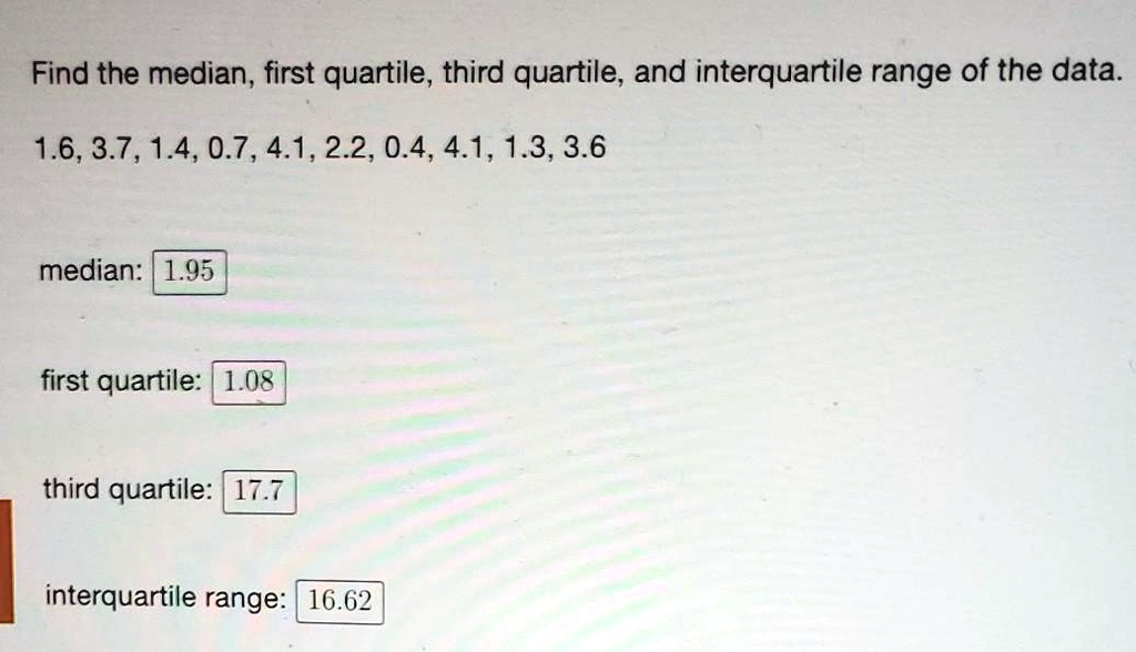 Find the median, first quartile, third quartile, and interquartile range of the data.
1.6, 3.7, 1.4, 0.7, 4.1, 2.2, 0.4, 4.1, 1.3, 3.6
median: 1.95
first quartile: 1.08
third quartile: 17.7
interquartile range: 16.62