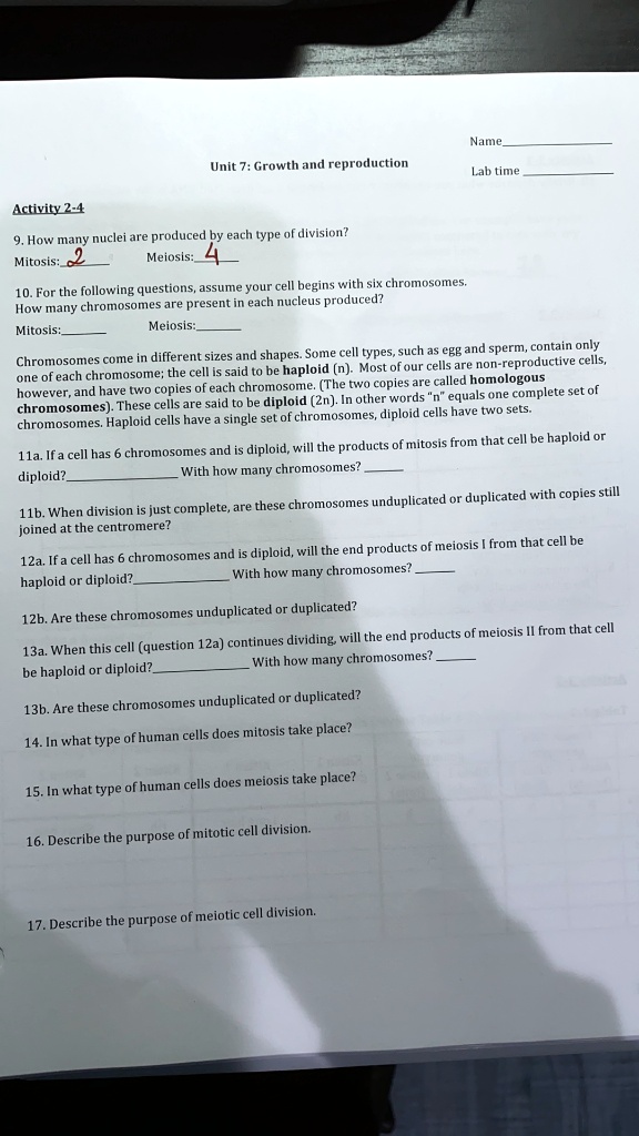 Solved:unit 7; Growth Aud Reproduction Lab Time Activity 2 4 How Many Nuclei Are Produced By Each [Ye Of Dlvision? Mitosis: Meiosis: 10.For The Following Questions, Assume Vour Cell Begins With Six