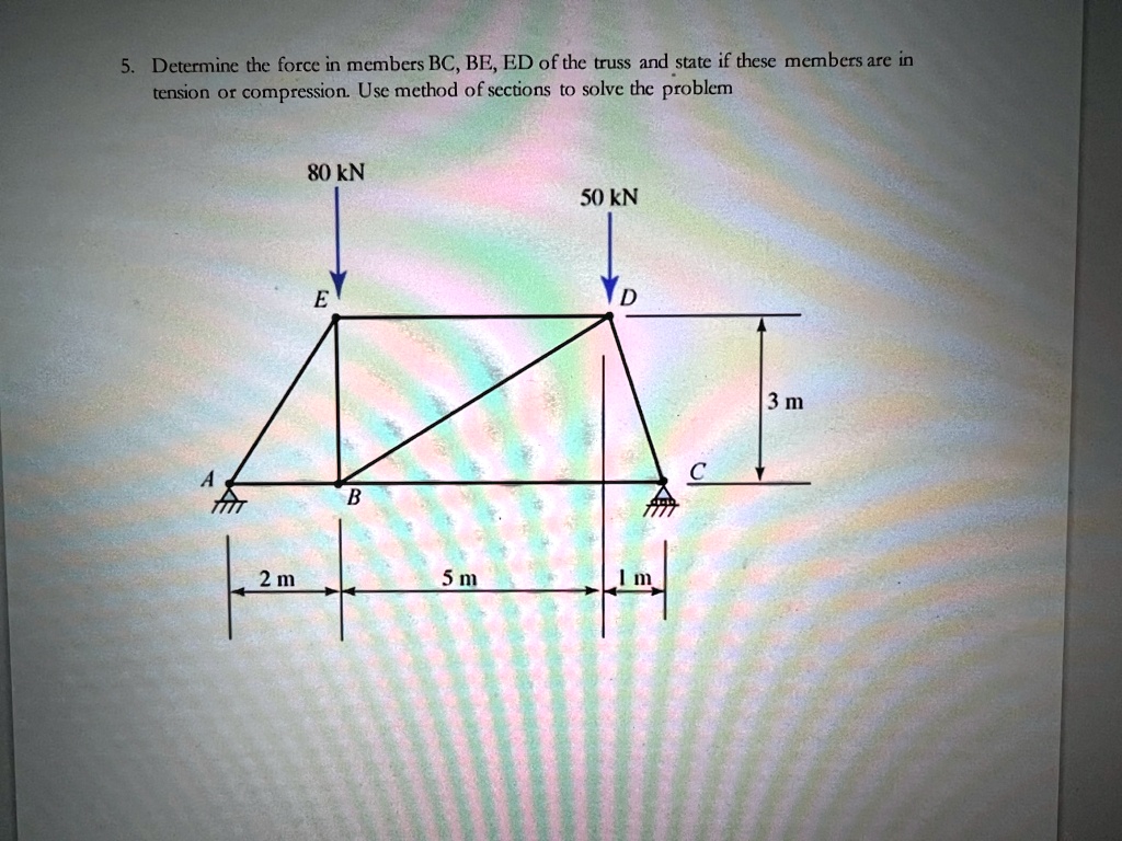 5. Determine the force in members BC, BE, ED of the truss and state if these members are in
tension or compression. Use method of sections to solve the problem
80 kN
50 kN
E
D
3 m
A
B
C
2 m
5 m
1 m