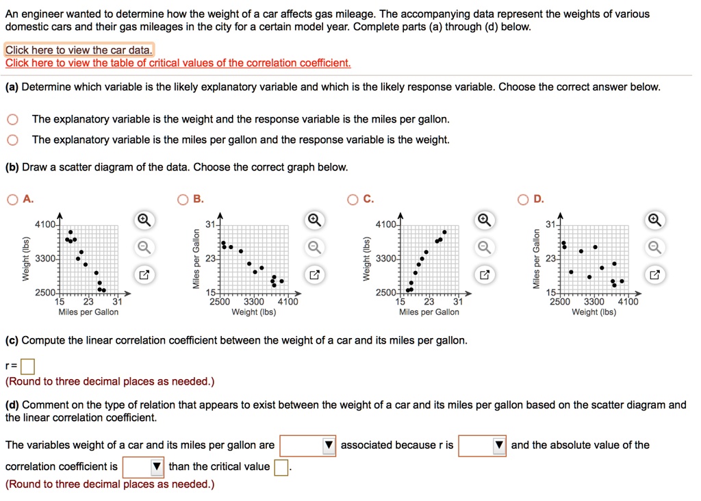 An engineer wanted to determine how the weight of a car affects gas