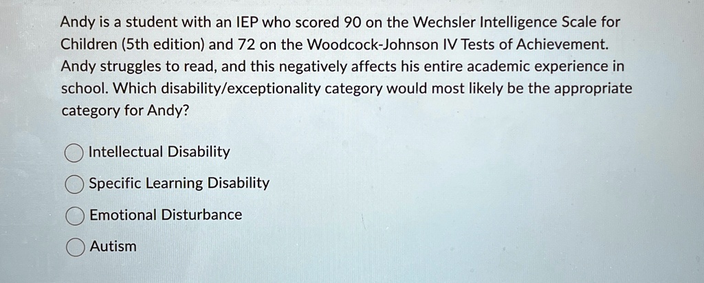 andy is a student with an iep who scored 90 on the wechsler intelligence scale for children 5th edition and 72 on the woodcock johnson iv tests of achievement andy struggles to read and this 39973