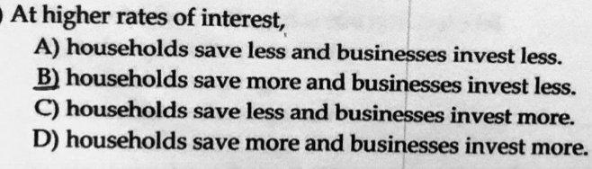 At higher rates of interest,
A) households save less and businesses invest less.
B) households save more and businesses invest less.
C) households save less and businesses invest more.
D) households save more and businesses invest more.