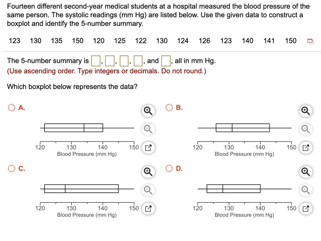 Fourteen different second-year medical students at a hospital measured the blood pressure of the same person. The systolic readings (mm Hg) are listed below. Use the given data to construct a boxplot and identify the 5-number summary.

123 130 135 150 120 125 122 130 124 126 123 140 141 150

The 5-number summary is , , , , and , all in mm Hg.
(Use ascending order. Type integers or decimals. Do not round.)

Which boxplot below represents the data?