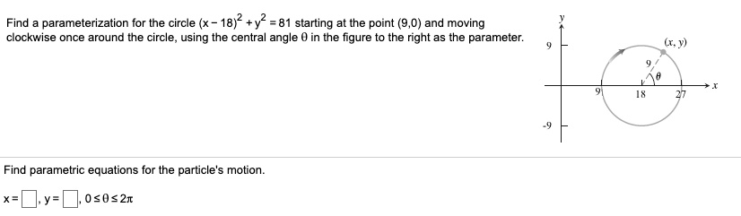 Find parameterization for the circle (x 18)2 +y2 81 starting at the ...