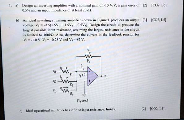 1. a) Design an inverting amplifier with a nominal gain of -10 V/V, a ...