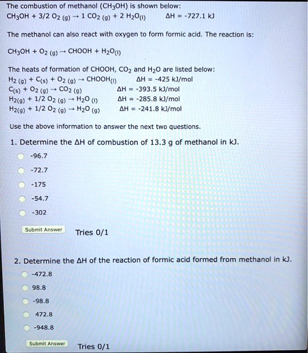 The combustion of methanol (CH3OH) is shown below: CH… - SolvedLib