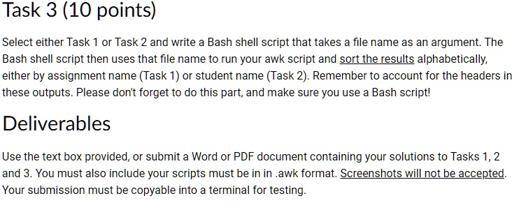 Task 3 (10 points) Select either Task 1 or Task 2 and write a Bash ...