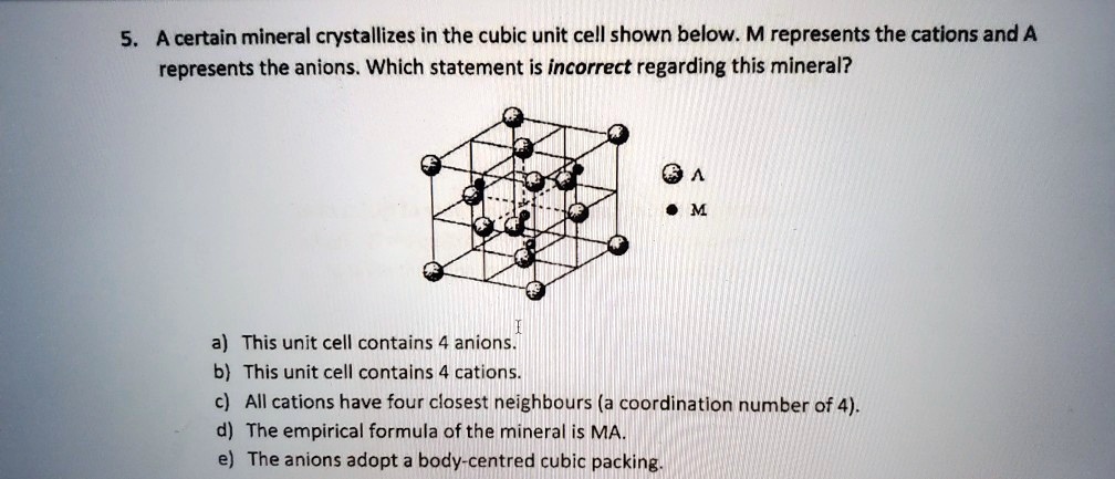 SOLVED: 5. A certain mineral crystallizes in the cubic unit cell shown ...