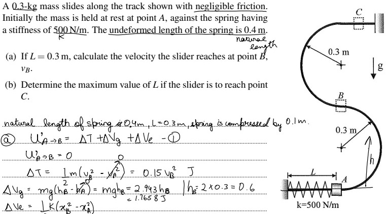 a 03 kg mass slides along the track shown with negligible friction initially the mass is held at rest at point a against the spring having a stiffness of 500nmk the undeformed length of the  78826