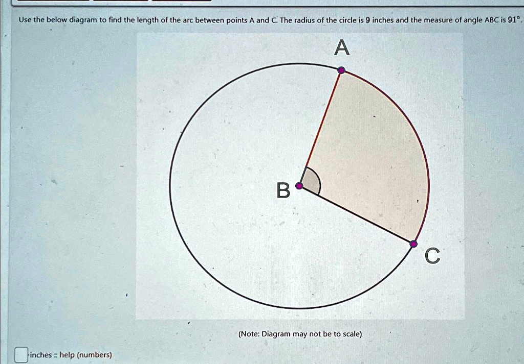 use the below diagram to find the length of the arc between points a and c the radius of the circle is 9 inches and the measure of angle abc is 91deg note diagram may not be to scale inches  39444