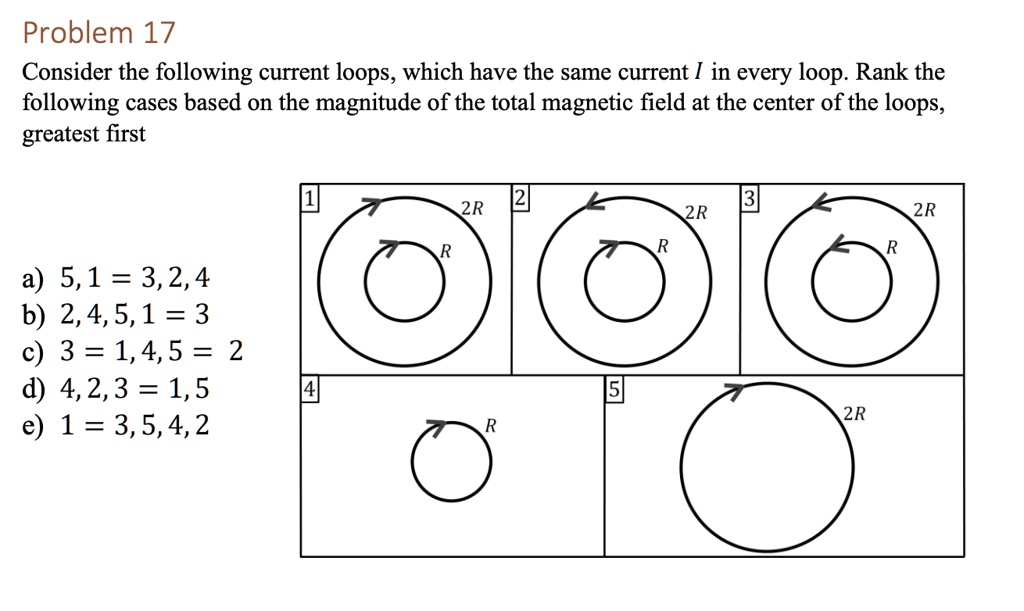 Problem 17
Consider the following current loops, which have the same current I in every loop. Rank the
following cases based on the magnitude of the total magnetic field at the center of the loops,
greatest first
a) 5, 1 = 3, 2, 4
b) 2, 4, 5, 1 = 3
c) 3 = 1, 4, 5 = 2
d) 4, 2, 3 = 1, 5
e) 1 = 3, 5, 4, 2