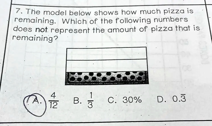 7 The model below shows how much pizza is remaining: Which of' the ...