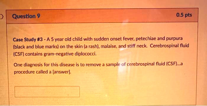 Case Study #3 - A 5 year old child with sudden onset fever, petechiae and purpura (black and blue marks) on the skin (a rash), malaise, and stiff neck. Cerebrospinal fluid (CSF) contains gram-negative diplococci.

One diagnosis for this disease is to remove a sample of cerebrospinal fluid (CSF)...a procedure called a [answer].