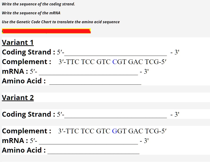 SOLVED Write The Sequence Of The Coding Strand Write The Sequence Of The MRNA Use The Genetic