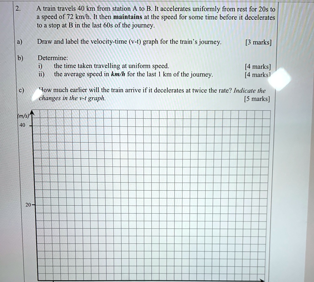 2. A train travels 40 km from station A to B. It accelerates uniformly ...