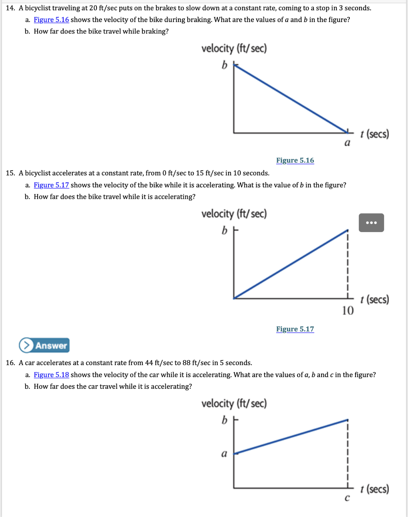 SOLVED 14. A bicyclist traveling at 20 ft / sec puts on the brakes to slow down at a constant