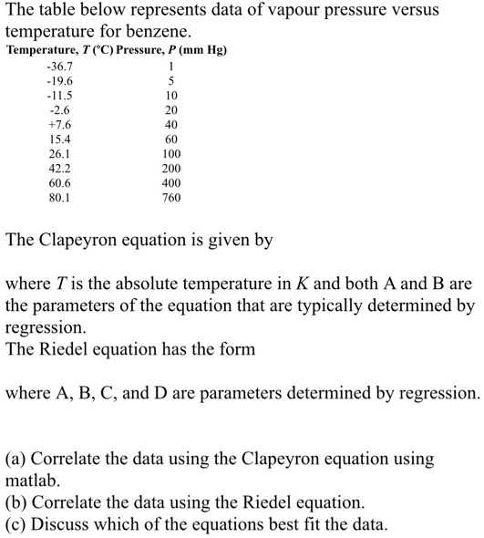 The table below represents data of vapour pressure versus
temperature for benzene.
Temperature, T (°C) Pressure, P (mm Hg)
-36.7	1
-19.6	5
-11.5	10
-2.6	20
+7.6	40
15.4	60
26.1	100
42.2	200
60.6	400
80.1	760
The Clapeyron equation is given by
where T is the absolute temperature in K and both A and B are
the parameters of the equation that are typically determined by
regression.
The Riedel equation has the form
where A, B, C, and D are parameters determined by regression.
(a) Correlate the data using the Clapeyron equation using
matlab.
(b) Correlate the data using the Riedel equation.
(c) Discuss which of the equations best fit the data.