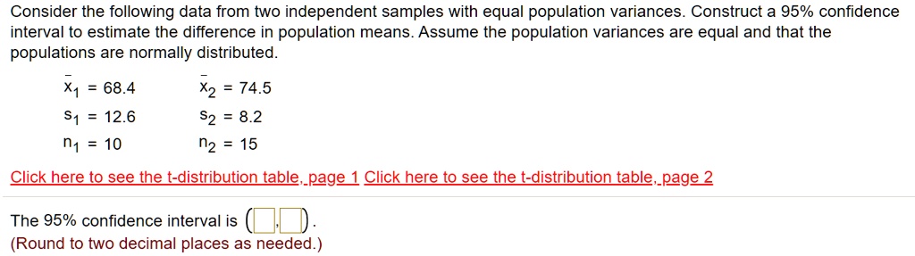 Consider the following data from two independent samples with equal population variances. Construct a 95% confidence interval to estimate the difference in population means. Assume the population variances are equal and that the populations are normally distributed.

x?1 = 68.4 x?2 = 74.5
s1 = 12.6 s2 = 8.2
n1 = 10 n2 = 15

The 95% confidence interval is ( , ).
(Round to two decimal places as needed.)