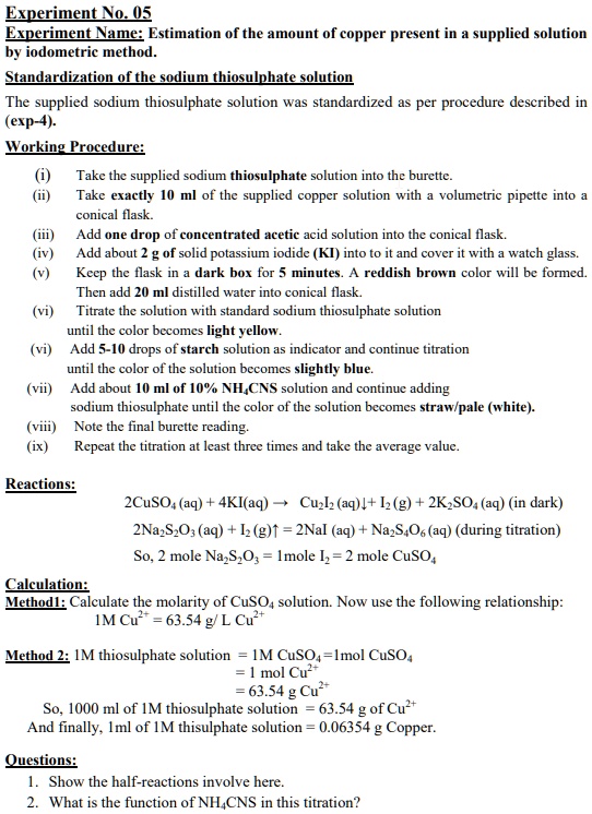 Experiment No.05 Experiment Name Estimation of the amount of copper